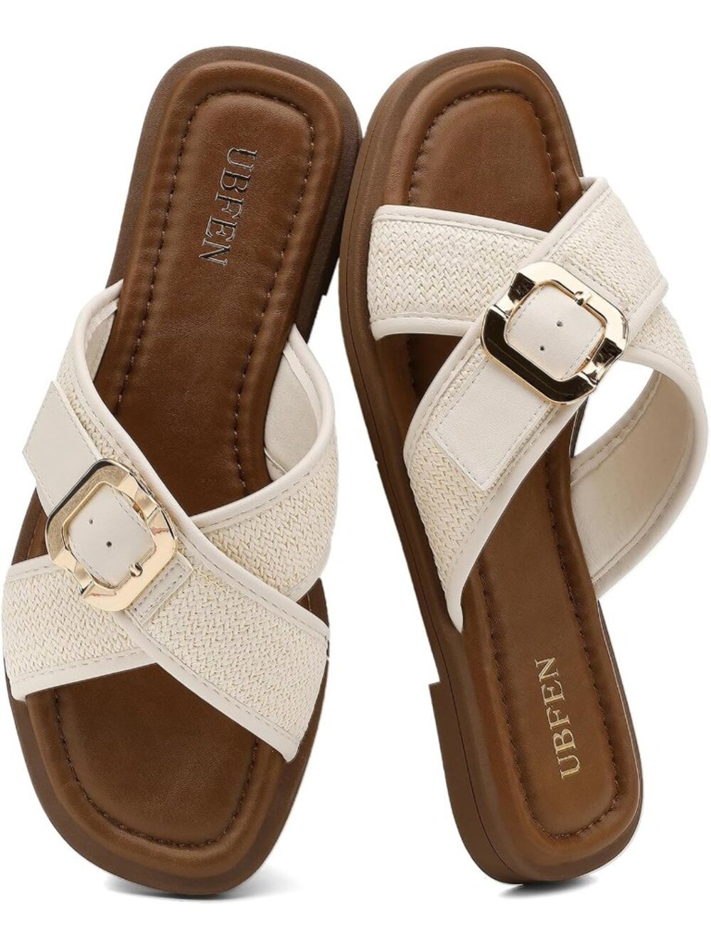 Women's White Comfortable Cushion Insole Slip On Slides Square Toe Flat Sandals